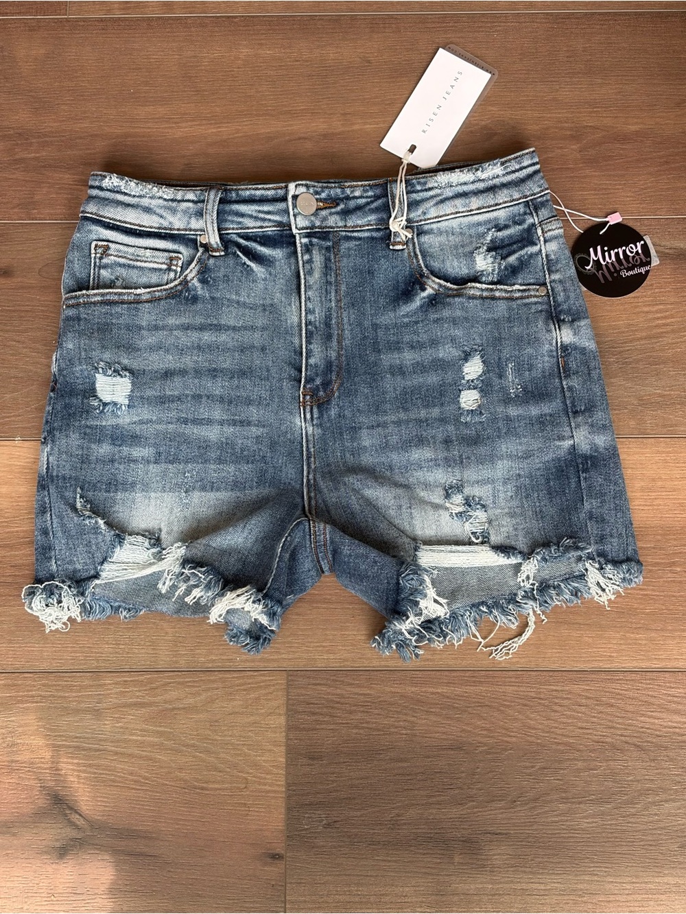 Mirror Boutique Women's Frayed Hem Denim Shorts in Medium Blue